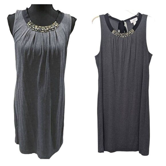New LOFT Charcoal Jersey Knit Shift Dress Bead Accented Neckline Women Size L - Picture 1 of 9